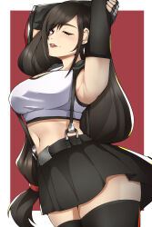 Rule 34 | 1340smile, 1girl, absurdres, armpits, arms up, belt, black gloves, black skirt, black sports bra, black thighhighs, border, breasts, commentary, cowboy shot, crop top, earrings, elbow gloves, final fantasy, final fantasy vii, final fantasy vii rebirth, final fantasy vii remake, fingerless gloves, gloves, highres, jewelry, large breasts, long hair, looking at viewer, low-tied long hair, midriff, navel, one eye closed, outside border, parted lips, pleated skirt, red eyes, red lips, single earring, skirt, solo, sports bra, stretching, suspender skirt, suspenders, swept bangs, tank top, teardrop earrings, thighhighs, tifa lockhart, very long hair, white border, white tank top, zettai ryouiki