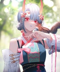 Rule 34 | 1girl, animal, animal on arm, bare shoulders, blurry, blurry background, breasts, china dress, chinese clothes, chipmunk, day, detached sleeves, double bun, dress, grey hair, grey lips, hair bun, hair ornament, headband, highres, horns, lentain, looking at viewer, nail polish, oni horns, original, outdoors, pink eyes, pink nails, pink ribbon, ribbon, short hair, solo, squirrel