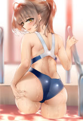 Rule 34 | 1girl, ahoge, ass, bababababan, backlighting, bare shoulders, blue one-piece swimsuit, blurry, blush, breasts, brown eyes, brown hair, competition school swimsuit, competition swimsuit, cowboy shot, deep skin, depth of field, eyelashes, from behind, hair between eyes, hair intakes, hand on own ass, hand on thigh, hand up, highres, indoors, long hair, looking at viewer, looking back, one-piece swimsuit, original, ponytail, pool, pool ladder, poolside, school swimsuit, shoulder blades, sidelocks, sideways mouth, skin tight, skindentation, solo, standing, swimsuit, thighs, water, wet