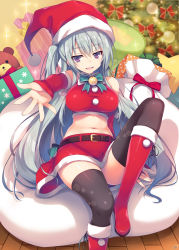 Rule 34 | 10s, 1girl, ange vierge, black thighhighs, boots, bow, box, breasts, christmas, christmas tree, detached sleeves, flipped hair, foreshortening, fur trim, gift, gift box, hair ribbon, hat, indoors, knee boots, large breasts, leg up, long hair, lying, midriff, nya lapucea, one side up, outstretched hand, purple eyes, red footwear, ribbon, sack, santa costume, santa hat, silver hair, sitting, skirt, sleeves past wrists, smile, solo, sparkle, stuffed animal, stuffed toy, teddy bear, thighhighs, tomose shunsaku, very long hair