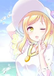 Rule 34 | 1girl, :3, blonde hair, blue sky, day, green eyes, hand on headwear, hat, hirako, index finger raised, jewelry, looking at viewer, love live!, love live! school idol festival, love live! sunshine!!, necklace, ocean, ohara mari, one eye closed, open mouth, outdoors, sidelocks, sky, smile, solo, twitter username, upper body, water drop