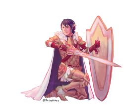 Rule 34 | alfonse (fire emblem), armor, blue eyes, blue hair, cape, fire emblem, fire emblem heroes, full body, fur collar, gloves, greaves, holding, holding shield, holding sword, holding weapon, kneeling, male focus, nintendo, on one knee, scale armor, shield, simple background, solo, sword, weapon, white background