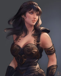 Rule 34 | 1girl, armlet, armor, armored dress, bad id, bad tumblr id, black hair, blue eyes, bracer, braid, breasts, cleavage, commentary, crown braid, english commentary, eyelashes, highres, lips, long hair, medium breasts, nat the lich, nose, pauldrons, shoulder armor, solo, xena, xena: warrior princess