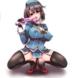 Rule 34 | 10s, 1girl, black hair, black thighhighs, blunt bangs, blush, breasts, covered erect nipples, dildo, dripping, full body, hat, high heels, kantai collection, large breasts, looking at viewer, open mouth, pussy juice, red eyes, red footwear, sex toy, shoes, short hair, simple background, solo, squatting, takao (kancolle), thighhighs, tongue, tongue out, white background
