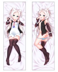 Rule 34 | 1girl, :3, :d, absurdres, american flag, american flag print, animal ear fluff, animal ears, ass, asymmetrical legwear, azur lane, black jacket, breasts, brown gloves, brown thighhighs, cat ears, closed mouth, clothes lift, collarbone, commentary request, dakimakura (medium), dress, elbow gloves, fingerless gloves, fingernails, flag print, forehead, gloves, head tilt, highres, jacket, jacket lift, kirisame mia, knees together feet apart, long hair, lying, multiple views, no shoes, on back, on side, open clothes, open jacket, open mouth, panties, panty pull, parted bangs, pointing, print neckwear, silver hair, sims (azur lane), sleeveless, sleeveless jacket, small breasts, smile, striped clothes, striped panties, thighhighs, thighhighs pull, two side up, underwear, uneven legwear, very long hair, white dress