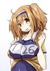 Rule 34 | 10s, 1girl, breasts squeezed together, breasts, brown eyes, collarbone, commentary request, hairband, highres, i-26 (kancolle), kantai collection, large breasts, light brown hair, long hair, looking at viewer, name tag, new school swimsuit, one-piece swimsuit, open clothes, open mouth, sailor collar, school swimsuit, shirogane (platinum), short sleeves, smile, solo, swimsuit, swimsuit under clothes, two-tone hairband, two side up, white background, zipper