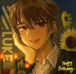 Rule 34 | 1boy, :d, brown eyes, brown hair, brown jacket, candle, character name, collared shirt, flower, happy birthday, highres, jacket, long sleeves, looking at viewer, luke pearce (tears of themis), male focus, open mouth, shirt, short hair, smile, solo, sunflower, tears of themis, upper body, white shirt, ziern125