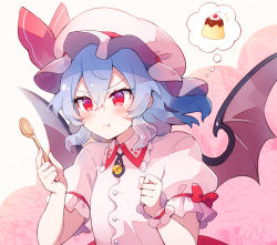 Rule 34 | 1girl, 60mai, bat wings, blue hair, blush, bow, closed mouth, collared dress, commentary request, dress, eyes visible through hair, fingernails, food, gem, hair between eyes, hands up, hat, hat ribbon, jewelry, looking to the side, mob cap, nail polish, pink background, pink dress, pink hat, pink nails, pink ribbon, pudding, puffy short sleeves, puffy sleeves, red bow, red eyes, remilia scarlet, ribbon, short hair, short sleeves, solo, speech bubble, spoon, thinking, touhou, v-shaped eyebrows, white background, wings, wrist cuffs