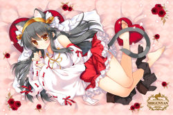 Rule 34 | 10s, 1girl, animal ears, bare legs, barefoot, black hair, black legwear, blush, breasts, cat ears, cat tail, detached sleeves, eyebrows, flower, frilled skirt, frills, from above, full body, hairband, haruna (kancolle), heart, heart-shaped pillow, japanese clothes, jewelry, kantai collection, kemonomimi mode, kimono, long hair, long sleeves, looking at viewer, looking up, medium breasts, nontraditional miko, orange eyes, pillow, red flower, red ribbon, red rose, red skirt, ribbon, ribbon-trimmed sleeves, ribbon trim, ring, rose, shigunyan, skirt, sleeveless, sleeveless kimono, smile, soles, solo, tail, unworn thighhighs, very long hair, wide sleeves