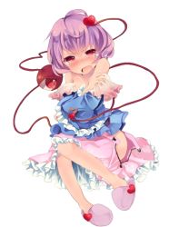 Rule 34 | 1girl, bad id, bad pixiv id, bare shoulders, blush, embarrassed, eyeball, female focus, heart, kedama milk, komeiji satori, off shoulder, open clothes, open mouth, open skirt, pink hair, red eyes, short hair, simple background, skirt, slippers, solo, tears, third eye, touhou, white background