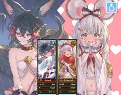 Rule 34 | 2girls, animal ears, bad id, bad pixiv id, bare shoulders, betabeet, black bow, blue hair, blush, bow, brooch, closed mouth, collar, collarbone, commentary, english commentary, erune, fake animal ears, fox ears, fox girl, fox tail, frilled sleeves, frills, granblue fantasy, hair between eyes, hair bow, hair ornament, hairband, hairclip, heart, heart brooch, highres, jewelry, large tail, lips, long sleeves, midriff, mouse ears, multiple girls, multiple tails, navel, off shoulder, red bow, red eyes, ring, shirt, short hair, silver hair, skirt, smile, tail, tears, vikala (granblue fantasy), white shirt, white skirt, wide sleeves, you (granblue fantasy)