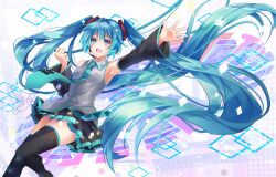 Rule 34 | 1girl, :d, armpits, black skirt, black sleeves, black thighhighs, blue eyes, blue hair, blue necktie, collared shirt, commentary request, detached sleeves, dress shirt, floating hair, grey shirt, hair between eyes, hatsune miku, headset, long hair, long sleeves, microphone, miniskirt, necktie, open mouth, outstretched arm, outstretched hand, pleated skirt, shirt, skirt, sleeveless, sleeveless shirt, smile, solo, thighhighs, twintails, tyouya, very long hair, vocaloid, wing collar, zettai ryouiki