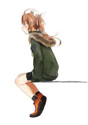 Rule 34 | 1girl, ahoge, alternate costume, annin musou, bad id, bad twitter id, bike shorts, black shorts, brown hair, commentary request, full body, fur-trimmed jacket, fur trim, green jacket, hair ribbon, highres, invisible chair, jacket, kagerou (kancolle), kagerou kai ni (kancolle), kantai collection, orange footwear, profile, purple eyes, ribbon, shoes, shorts, simple background, sitting, sneakers, solo, twintails, white background, white ribbon