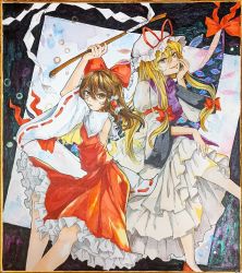 Rule 34 | 2girls, absurdres, arm up, ascot, black background, blonde hair, bow, brown hair, commentary request, crossed legs, detached sleeves, dress, expressionless, feet out of frame, gap (touhou), gohei, hair between eyes, hair bow, hair tubes, hakurei reimu, hat, head rest, highres, hoshiringo0902, long hair, looking at viewer, making-of available, marker (medium), medium hair, mob cap, multiple girls, parted lips, petticoat, red headwear, red skirt, red vest, shikishi, sidelocks, sitting, skirt, smile, tabard, touhou, traditional media, two-tone background, very long hair, vest, white background, white dress, white headwear, yakumo yukari, yellow ascot, yellow eyes