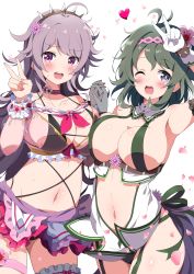 Rule 34 | 2girls, absurdres, ahoge, arm up, armpits, breasts, cleavage, collarbone, commentary request, detached collar, echinacea (flower knight girl), eggman (pixiv28975023), flower, flower knight girl, green eyes, green hair, hair flower, hair ornament, hairband, heart, highres, interlocked fingers, kurinsou (flower knight girl), large breasts, long hair, multiple girls, navel, open mouth, petals, purple eyes, revealing clothes, smile, spiked hairband, spikes, v, white background