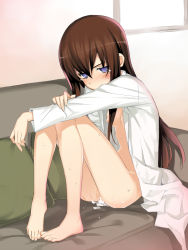 Rule 34 | 1girl, aftersex, bare legs, barefoot, blush, bottomless, breasts, brown hair, couch, cum, cum in pussy, cumdrip, feet, lab coat, lab coat, long hair, makise kurisu, naked labcoat, namonashi, nipples, pillow, purple eyes, sitting, small breasts, solo, steins;gate, sweat, tears