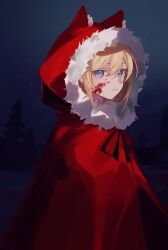 Rule 34 | 1girl, absurdres, black souls, blonde hair, blue eyes, cape, cloak, closed mouth, forest, fur-trimmed hood, fur trim, highres, hood, hood up, hooded cape, katsubaoo, nature, neck ribbon, night, outdoors, red cape, red hood (black souls), ribbon, solo