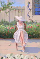Rule 34 | 1girl, absurdres, alternate costume, blurry, breasts, bush, chainsaw man, chair, choker, cleavage, cloud, collarbone, covered eyes, crossed legs, day, depth of field, dress, elbow gloves, expressionless, fence, flower, full body, garden, gloves, hair bun, hat, highres, medium breasts, null (skev7724), on chair, outdoors, purple hair, reze (chainsaw man), rose, shoes, short hair, single hair bun, sitting, sky, solo, sun hat, white choker, white dress, white flower, white footwear, white gloves, white hat, white rose, window