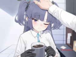 Rule 34 | 1boy, 1girl, aqua necktie, bandaid, bandaid on hand, blue archive, blue eyes, blue hair, closed mouth, coffee, coffee mug, collared shirt, cup, halo, headpat, highres, holding, holding cup, indoors, light blush, long hair, mechanical halo, mochirong, mug, necktie, office lady, one eye closed, pov, pov hands, shirt, smile, twintails, white shirt, yuuka (blue archive)