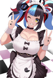 Rule 34 | 1girl, absurdres, alternate costume, apron, black nails, breasts, checkered floor, collar, double v, enmaided, fate/grand order, fate (series), grin, highres, large breasts, maid, maid apron, maid day, maid headdress, multicolored hair, nail polish, one eye closed, puti tomato19, sei shounagon (fate), smile, twintails, v, wrist cuffs, yellow eyes