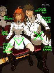 Rule 34 | 1girl, 2boys, absurdres, ahoge, black footwear, black skirt, boots, breasts, brown gloves, brown hair, buttons, chair, chaldea uniform, closed mouth, coat, commentary, double-breasted, english commentary, expressionless, fate/grand order, fate (series), fujimaru ritsuka (female), fujimaru ritsuka (male), full body, gloves, green line test (meme), grey hair, hair between eyes, highres, kadoc zemlupus, long bangs, long hair, long sleeves, looking at viewer, medium breasts, meme, multiple boys, open mouth, orange hair, pants, shokansenn, short hair, sitting, skirt, smile, twitter username, white coat, white pants