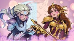 Rule 34 | 2girls, armor, armored dress, armored gloves, black gloves, blush, brown eyes, brown hair, closed mouth, commentary, diana (league of legends), english commentary, fingerless gloves, gloves, grey eyes, grey hair, hair slicked back, holding, holding sword, holding weapon, league of legends, leona (league of legends), looking at another, looking at viewer, multiple girls, parted lips, phantom ix row, shoulder armor, sword, upper body, weapon, yuri