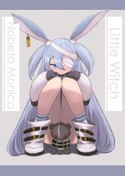 Rule 34 | 1girl, absurdres, animal ears, bandage over one eye, bandages, blue eyes, boots, character name, convenient censoring, copyright name, ear tag, elbow gloves, gloves, grey background, hands on own knees, highres, knees up, legs, little witch nobeta, long hair, mamasaro, monica (little witch nobeta), rabbit ears, silver hair, simple background, smile, socks, solo, squatting, striped clothes, striped footwear, stuffed animal, stuffed toy, teddy bear, thighs, two side up, very long hair, white footwear, white gloves