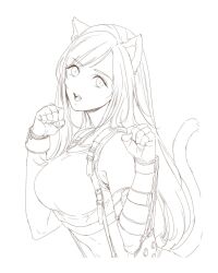 Rule 34 | 1girl, animal ears, bare shoulders, breasts, cat ears, cat tail, clenched hands, crop top, fang, final fantasy, final fantasy vii, final fantasy vii remake, fingerless gloves, gloves, greyscale, hands up, highres, large breasts, lineart, looking at viewer, midriff, monochrome, newwellie, open mouth, square enix, suspenders, swept bangs, tail, tank top, tifa lockhart, upper body