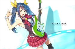 Rule 34 | 1girl, armpits, blue hair, efmoe, guitar, instrument, long hair, open mouth, original, plectrum, skirt, sleeveless, smile, solo, thighhighs, twintails
