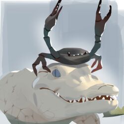 Rule 34 | animal focus, blue eyes, claws, crab, crab claw, crocodile, crocodilian, ghost (tama), original, parody, simple background, white background, white crocodile