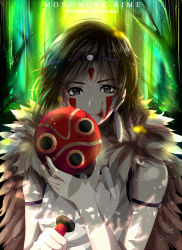 Rule 34 | 1990s (style), 1girl, armlet, artist name, backlighting, bare shoulders, blood, blood on face, brown hair, closed mouth, copyright name, dappled sunlight, earrings, expressionless, facepaint, fingernails, grey eyes, headband, holding, holding mask, jewelry, mask, mononoke hime, necklace, pinochi, portrait, removing mask, retro artstyle, san (mononoke hime), shirt, short hair, sleeveless, sleeveless shirt, solo, sunlight, teeth, white shirt