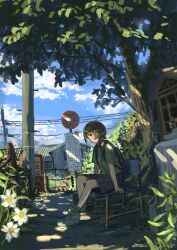 Rule 34 | 1girl, absurdres, anko1127, blue sky, bright pupils, bus stop, bus stop sign, cloud, cloudy sky, commentary request, dappled sunlight, day, flower, flower request, from side, highres, house, looking to the side, on bench, open mouth, original, outdoors, power lines, scenery, shade, short hair, shrine, sitting, sky, smile, solo, sunlight, town, tree, utility pole, vending machine, white flower, white pupils, wide shot