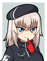 Rule 34 | 1girl, alternate costume, beret, black hat, black jacket, blue eyes, closed mouth, commentary, cross, ef natto, finger to mouth, girls und panzer, gloves, grey background, grey hair, hat, highres, iron cross, itsumi erika, jacket, long sleeves, looking at viewer, medium hair, red gloves, smile, solo, upper body