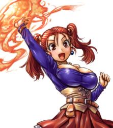 Rule 34 | 1girl, amania orz, breasts, cleavage, corset, dragon quest, dragon quest viii, earrings, female focus, fire, jessica albert, jewelry, large breasts, magic, narrow waist, open mouth, red hair, shiny clothes, smile, solo, square enix, twintails, white background
