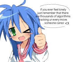 Rule 34 | 1girl, :3, ahoge, blue hair, blush, blush stickers, commentary, english commentary, english text, fang, green eyes, izumi konata, jaggy lines, jitome, long hair, looking at viewer, lucky star, meme, microsoft paint (medium), mole, mole under eye, one eye closed, onlinepetclub, open mouth, ryouou school uniform, school uniform, serafuku, smile, solo, speech bubble, thumbs up, upper body, white background