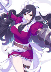 Rule 34 | 1girl, absurdres, apron, baby 5, black eyes, black hair, cigarette, commentary, crazy otama, dress, eyelashes, gun, headdress, highres, long hair, looking at viewer, maid, maid apron, maid headdress, one piece, purple dress, simple background, smoking, solo, standing, weapon, white background