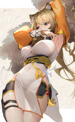 Rule 34 | 1girl, absurdres, animal ear fluff, animal ears, arknights, arm up, armpits, black shorts, breasts, brown eyes, brown hair, cat ears, commentary request, covering own mouth, cowboy shot, detached sleeves, dress, du yaoye (arknights), highres, kioroshin, large breasts, long hair, long sleeves, looking away, puffy sleeves, sash, short shorts, shorts, solo, standing, thigh strap, white dress
