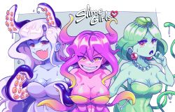 Rule 34 | 3girls, absurdres, bare shoulders, blonde hair, blush, breasts, cleavage, collarbone, earrings, fang, gradient hair, green hair, grin, highres, jewelry, large breasts, long hair, looking at viewer, marina (omori), medusa (omori), molly (omori), monster girl, multicolored hair, multiple girls, necklace, omori, open mouth, parted lips, pink hair, red eyes, remi (mozzaremi), short hair, skin fang, slime girl, slime girls (omori), smile, teeth, tentacle hair, tentacles, white hair, yellow eyes