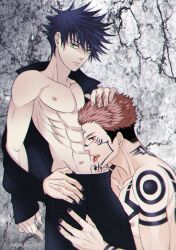 Rule 34 | 2boys, abs, arm tattoo, bite mark, black hair, black jacket, black nails, black pants, chest tattoo, collarbone, commentary request, extra eyes, facial tattoo, fushiguro megumi, green eyes, hands on another&#039;s thighs, hickey, highres, jacket, jujutsu kaisen, licking, male focus, multiple boys, navel, nipples, open clothes, pants, pink hair, red eyes, ryoumen sukuna (jujutsu kaisen), sato zero915, shoulder tattoo, star tattoo, tattoo, toned, toned male, tongue, tongue out, topless male, yaoi