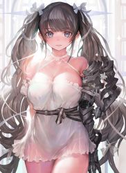 Rule 34 | 1girl, bare shoulders, belt, black hair, blue eyes, blush, bow, breasts, choker, cleavage, collarbone, cowboy shot, detached sleeves, dress, earrings, expressionless, gauntlets, grey eyes, hair bow, hair ribbon, highres, jewelry, large breasts, long hair, looking at viewer, multi-tied hair, multicolored eyes, original, ribbon, solo, thighs, twintails, very long hair, voruvoru, white choker, white dress