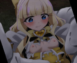 Rule 34 | 1girl, anime screenshot, blonde hair, blue eyes, blush, breasts, breasts out, dress, hair ribbon, highres, magia sulfur, magical girl, mahou shoujo ni akogarete, nipples, restrained, ribbon, screencap, small breasts, stitched, third-party edit, torn clothes, yellow dress, yellow ribbon