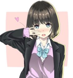 Rule 34 | 1girl, bad id, bad pixiv id, black jacket, blue bow, blue eyes, blush, bow, brown hair, hand up, heart, jacket, long sleeves, looking at viewer, original, pink background, pink vest, solo, sozoremi, upper body, vest