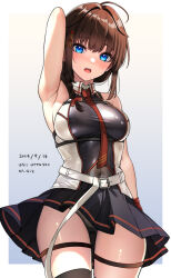 1girl ahoge arm_up armpits artist_name black_panties black_skirt blue_eyes braid breasts brown_hair cowboy_shot dated gradient_background hair_between_eyes hair_over_shoulder hanako_(peanut) highres kantai_collection large_breasts long_hair looking_at_viewer necktie open_mouth panties pleated_skirt red_necktie shigure_(kancolle) shigure_kai_san_(kancolle) shirt single_braid skirt sleeveless sleeveless_shirt solo thigh_strap two-tone_shirt underwear wind wind_lift