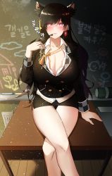 Rule 34 | 1girl, absurdres, animal ears, ara han, bad id, bad pixiv id, black hair, black skirt, blazer, blush, bowtie, breasts, buttons, chalk, chalkboard, cizzi, classroom, cleavage, collarbone, commission, crossed legs, double-breasted, earrings, electrical outlet, elsword, headset, heart, heart-shaped pupils, highres, huge filesize, indoors, jacket, jewelry, korean commentary, large breasts, long hair, looking at viewer, loose neckwear, microphone, miniskirt, open clothes, open mouth, open shirt, pink eyes, ribbon, ring, sitting, sitting on table, skirt, solo, symbol-shaped pupils, table, thighs, translation request, undone bowtie, wooden floor, writing, yellow ribbon