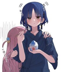Rule 34 | 2girls, absurdres, blue hair, blue kimono, blue ribbon, blush, bocchi the rock!, bowl, chopsticks, closed mouth, cube hair ornament, earrings, eating, eyes visible through hair, food, gotoh hitori, hair ornament, hairclip, hand on another&#039;s shoulder, hands up, highres, holding, holding bowl, holding chopsticks, jacket, japanese clothes, jewelry, kimono, long hair, long sleeves, looking away, mole, mole under eye, multiple girls, nenehotoso, pink hair, pink jacket, pocket, puffy long sleeves, puffy sleeves, ribbon, rice, short hair, simple background, standing, tanabata, track jacket, translation request, white background, wide sleeves, yamada ryo, yellow eyes