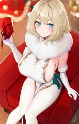 Rule 34 | 1girl, blonde hair, blue eyes, blush, breasts, chair, christmas, commentary request, elbow gloves, feet out of frame, from above, fur trim, gift, gloves, hair ornament, hayabusa, highres, holding, holding gift, large breasts, mole, mole on breast, mole under eye, original, pantyhose, parted lips, short hair, sideboob, sitting, solo, thick eyebrows, thighs, white gloves, white pantyhose