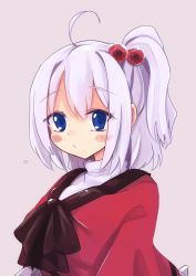 Rule 34 | 1girl, ahoge, alternate hair length, alternate hairstyle, blue eyes, blush, bow, capelet, flying sweatdrops, hair bobbles, hair ornament, jpeg artifacts, looking at viewer, shinki (touhou), short hair, side ponytail, silver hair, simple background, solo, touhou, touhou (pc-98), upper body, waira