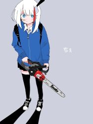 Rule 34 | 1girl, backpack, bag, bandaid, bandaid on face, black bag, black footwear, blue eyes, blue jacket, blush, chainsaw, collared shirt, commentary request, outo eguchi&#039;s red highlight girl, flat color, full body, grey background, highres, holding, hood, hooded jacket, jacket, long sleeves, original, outo eguchi, shadow, shirt, shoes, short hair, simple background, sleeves past wrists, sneakers, solo, standing, thighhighs, translation request, white hair, white shirt, zettai ryouiki, zipper