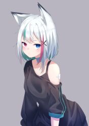 Rule 34 | 1girl, absurdres, amato 0321, animal ears, black bra, bra, expressionless, gao ashina, green hair, highres, indie virtual youtuber, looking at viewer, multicolored hair, off shoulder, red hair, short hair, sleeves past elbows, underwear, virtual youtuber, white hair, wolf ears, wolf girl