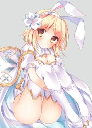 Rule 34 | 10s, 1girl, animal ears, ass, blush, breasts, cape, cleavage, closed mouth, djeeta (granblue fantasy), eyebrows, fake animal ears, flower, full body, granblue fantasy, grey background, hair flower, hair ornament, head tilt, hugging own legs, knees up, looking at viewer, medium breasts, multicolored hair, pink hair, puffy short sleeves, puffy sleeves, rabbit ears, sage (granblue fantasy), satsuki mayuri, short hair, short sleeves, simple background, sitting, slippers, smile, solo, thighhighs, two-tone hair, white cape, white thighhighs, yellow eyes